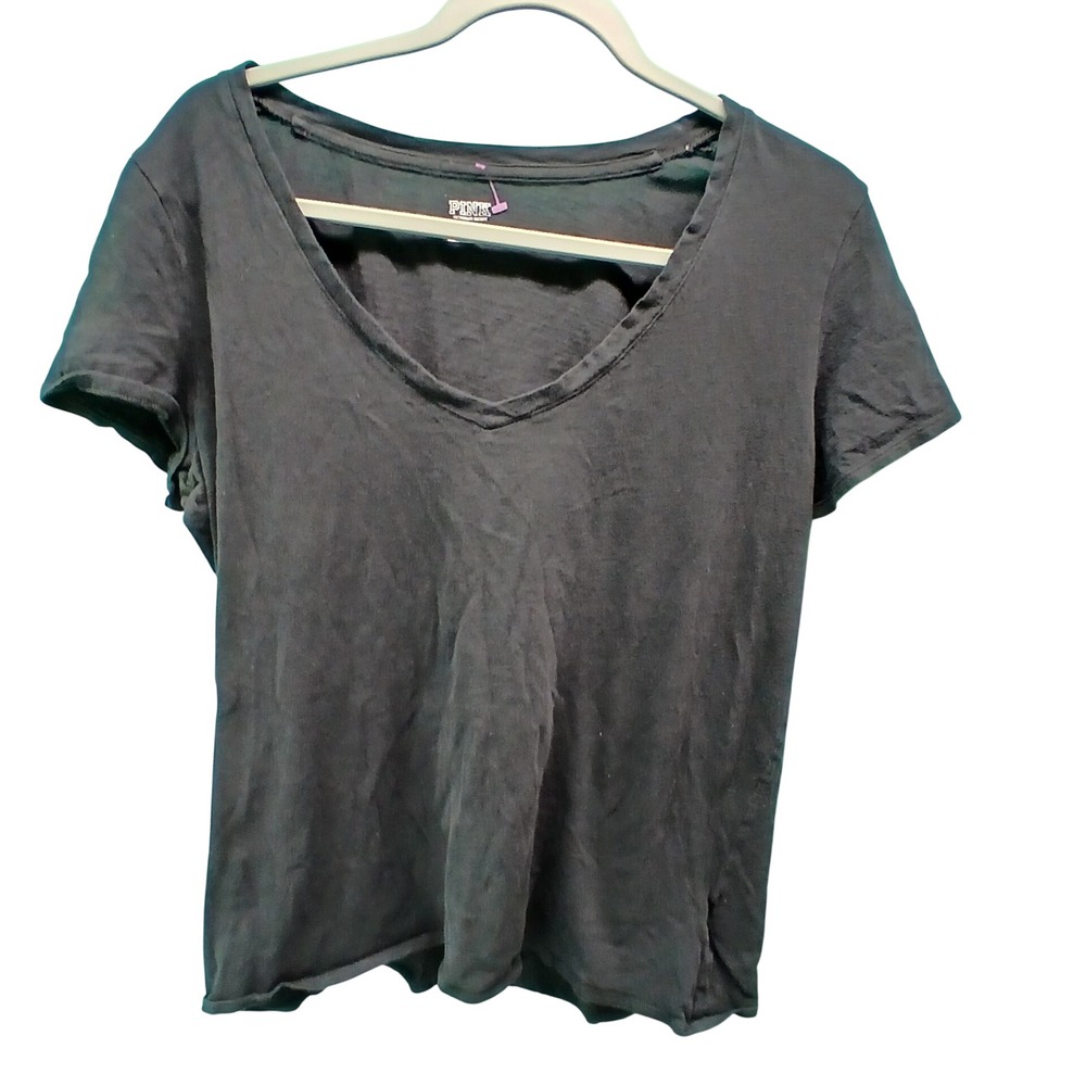 PINK Victoria's Secret Black Cotton V-Neck Short Sleeve T-Shirt Size‎ Large